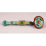 A CHINESE CLOISONNE RUYI SCEPTER, decorated with bats and longevity symbols, 20.5cm.