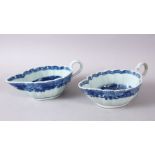 A PAIR OF 18TH CENTURY CHINESE BLUE & WHITE PORCELAIN SAUCE BOATS, each decorated with native