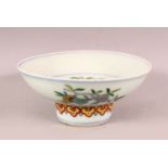 A CHINESE DOUCAI DECORATED PORCELAIN STEM DISH, - decorated with fruits and peach, the base with a