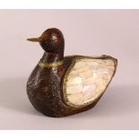 A 19TH / 20TH CENTURY INDIAN CARVED WOOD & MOTHER OF PEARL INLAID MODEL OF A DUCK, 15cm wide.