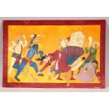 A FINE INDIAN MINIATURE PAINTING OF KRISHNA, in a punishment scene, with gilt highlights,