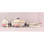 A CHINESE FAMILLE ROSE TWO HANDLED PORCELAIN SERVING DISH AND COVER, together with a lobed