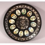 A BIDRI STYLE METAL DISH INSET WITH IVORY MINIATURE PORTRAITS, the dish with possibly silver inlay