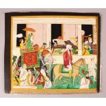 A FINE LARGE INDIAN MINIATURE PAINTING OF SIKH MAHARAJA RANJIT SINGH seated on elephant with in a