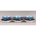 A SET OF CHINESE ENAMELLED BOWLS AND SAUCERS, comprising of three bowls and three saucers, bowls