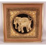 A LARGE INDIAN EMROIDERED AND BEADED PANEL, the centre with large roundel containing an elephant,