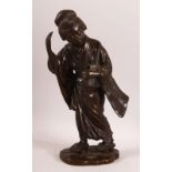 A GOOD JAPANESE MEIJI BRONZE FIGURE OF A GEISHA holding a musical instrument, seal mark to base,