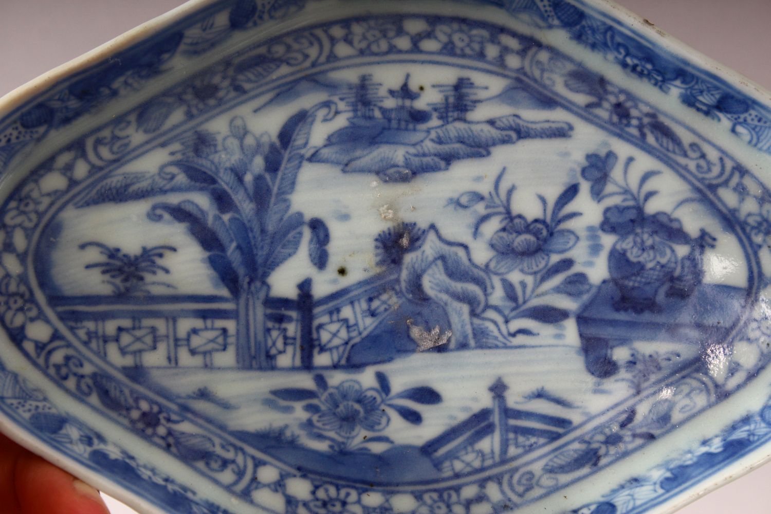 A CHINESE BLUE & WHITE PORCELAIN LANDSCAPE DISH - 19cm wide. - Image 2 of 3