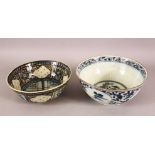 TWO 17TH/18TH CENTURY PERSIAN SAFAVID BLUE AND WHITE GLAZED POTTERY BOWLS, 18.5cm diameter and 17.