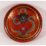 A 19TH / 20TH CENTURY CHINESE CLOISONNE IMPERIAL DRAGON BRUSH WASH / POT, decorated with a red