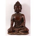 A LARGE CHINESE BRONZE BUDDHA, seated in the meditative position, six character mark to rear, 45cm