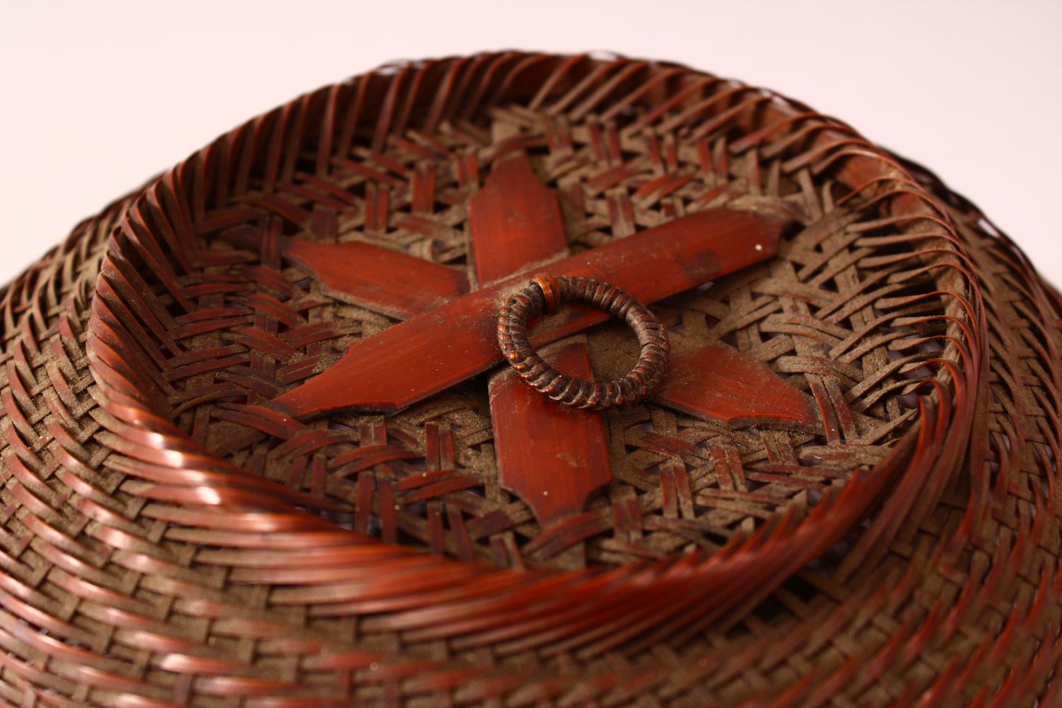 A JAPANESE MEIJI PERIOD WOVEN IKEBANA BASKET & COVER - of woven form with a ring handle, 19.5cm - Image 2 of 4