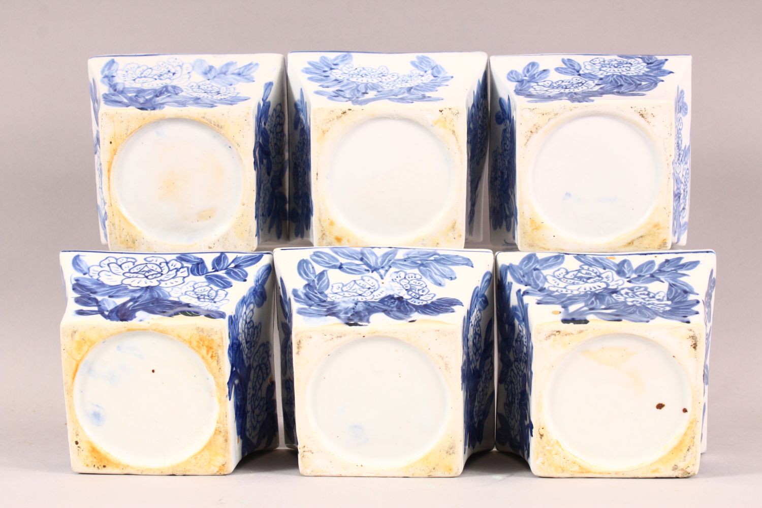 SIX DECORATIVE CHINESE BLUE AND WHITE SQUARE FORM BOWLS, each painted with flowers, the inner rims - Image 3 of 3