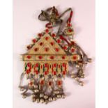 A TURKISH METAL INLAID BRIDES NECKLACE, with gilded decoration around inlaid semi precious stones,