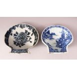 TWO 18TH / 19TH CENTURY CHINESE BLUE & WHITE PORCELAIN SHELL DISHES - One decorated with native a