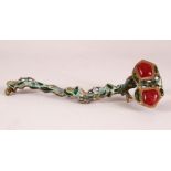 A CHINESE INLAID BRONZE RUYI SCEPTER - inlaid with semi precious stones, 27cm