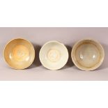 A MIXED LOT OF 3 EARLY CHINESE POTTERY BOWLS - Varying glaze types & sizes -largest from 16cm