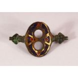 A RARE BYZANTINE OR POSSIBLY VIKING ENAMELLED BRONZE BELT BUCKLE, 6cm x 3.5cm.