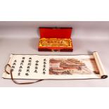 A MODERN DECORATIVE CHINESE SILK STYLE LANDSCAPE SCROLL PICTURE, in original fitted case and box,