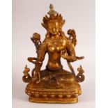 A CHINESE TIBETAN GILT BRONZE FIGURE OF A DEITY - in a seated mudra pose, the base wwith an