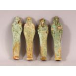 A LOT OF FOUR ANCIENT EGYPTIAN POTTERY USHABTI FIGURES - Each with a turquoise glaze and Egyptian