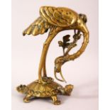 A JAPANESE MEIJI PERIOD BRONZE FIGURE OF A CRANE & TORTOISE - The egret in a leaned pose aside flora