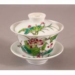 A 20TH CENTURY CHINESE FAMILLE ROSE PORCELAIN BOWL, COVER & STAND - the body of the items