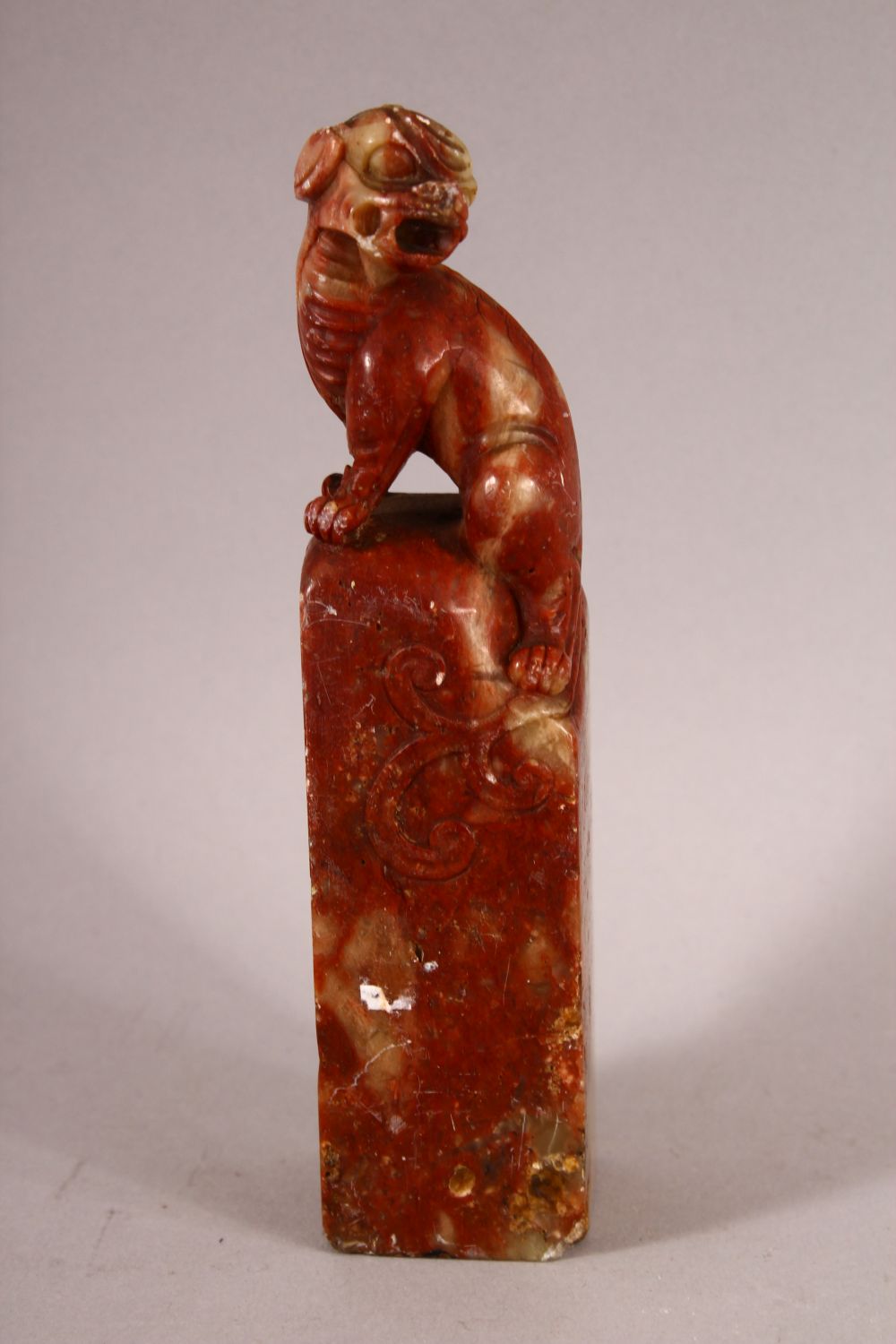 TWO CHINESE CARVED SOAPSTONE SEALS, one carved with lion dog, the other with a horse, 13.5cm and 8cm - Image 2 of 6