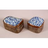 TWO 19TH CENTURY CHINESE BLUE AND WHITE PORCELAIN AND METAL POWDER BOXES, the metal mounts