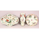 THREE CHINESE FAMILLE ROSE PORCELAIN ITEMS, comprising a plate, dish & wall pocket (3)