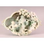A GOOD CHINESE JADEITE CARVING ON A WOODEN STAND, the bowl formed carving depicting a sage with