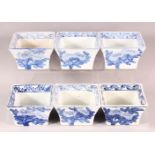 SIX DECORATIVE CHINESE BLUE AND WHITE SQUARE FORM BOWLS, each painted with flowers, the inner rims