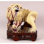 A CHINESE FLAMBE / CRACKLE GLAZE FIGURE OF A DOG & STAND - crackle glaze with flambe highlights,