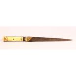 A GOOD INDIAN CARVED BONE & INLAID WATERED STEEL DAGGER - with carved bone handle inlaid with gold