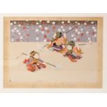 A EARLY 20TH CENTURY JAPANESE WOODBLOCK PRINT - JAPANESE FESTIVAL - depicting three figures with