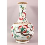 A CHINESE FAMILLE ROSE PORCELAIN PEACH VASE, the body painted with peach blossom and bats, red six