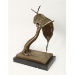 AFTER SALVADOR DALI, AN ABSTRACT BRONZE GROUP OF A MELTING CLOCK ON A TABLE, mounted on a