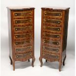 A PAIR OF FRENCH STYLE WALNUT AND ROSE WOOD SEMANIERS, on short cabriole legs. 1ft 7ins wide x 1ft