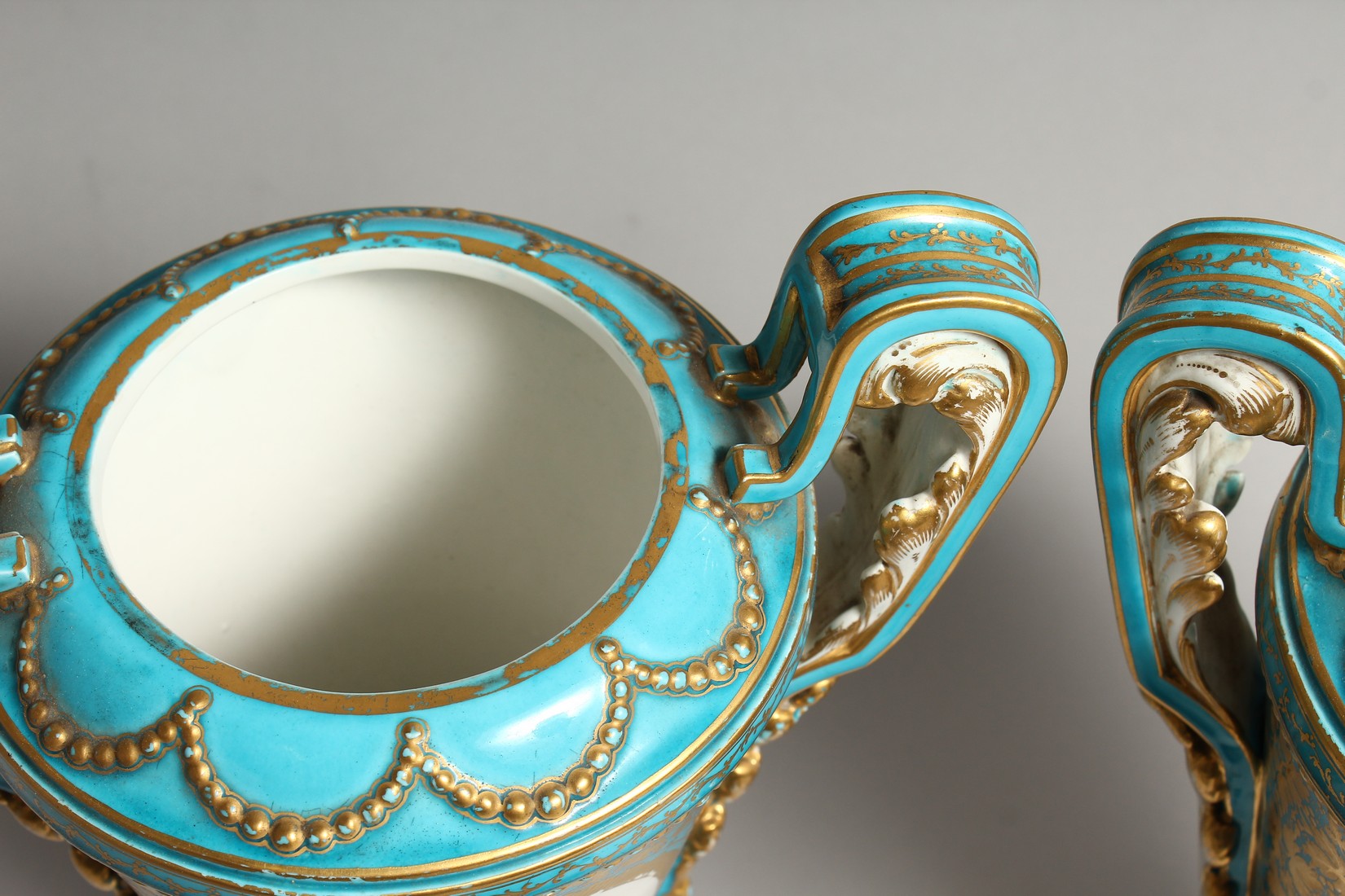 A SUPERB LARGE PAIR OF SEVRES PORCELAIN TWO HANDLED URN SHAPED VASES AND COVERS painted with reverse - Image 10 of 13