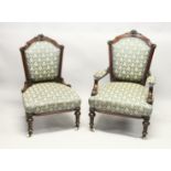 A GOOD VICTORIAN MAHOGANY FRAMED ARMCHAIR AND MATCHING NURSING CHAIR with matching covers on white