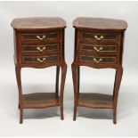 TWO FRENCH STYLE MAHOGANY AND BURRWOOD INLAID THREE DRAWER BEDSIDE CHESTS, with cabriole legs united