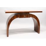 AN ART DECO STYLE ROSEWOOD CONSOLE TABLE, with a inlaid top, small drawer on curving supports 4ft