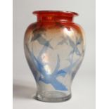 A DANISH ART GLASS VASE, CIRCA 1920, the orange and clear glass body decorated with birds 9.5ins