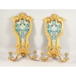 A SUPERB PAIR OF FRENCH ORMOLU AND ENAMEL TWO LIGHT WALL SCONCES WITH ACANTHUS AND SCROLLS 22ins