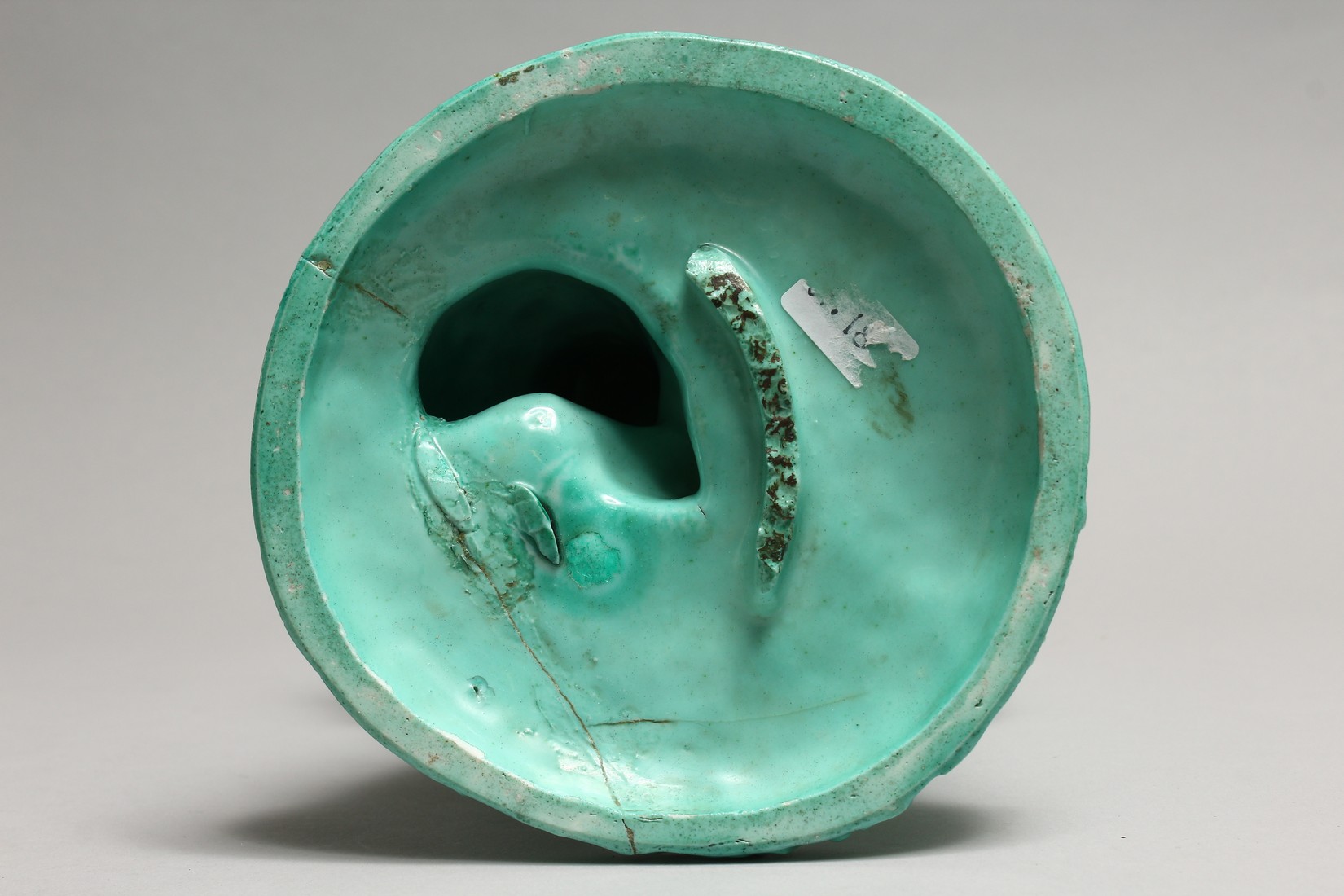 A CONTINENTAL TURQUOISE GLAZED POTTERY FIGURE of a young girl playing with a dog. 11ins high. - Image 7 of 9