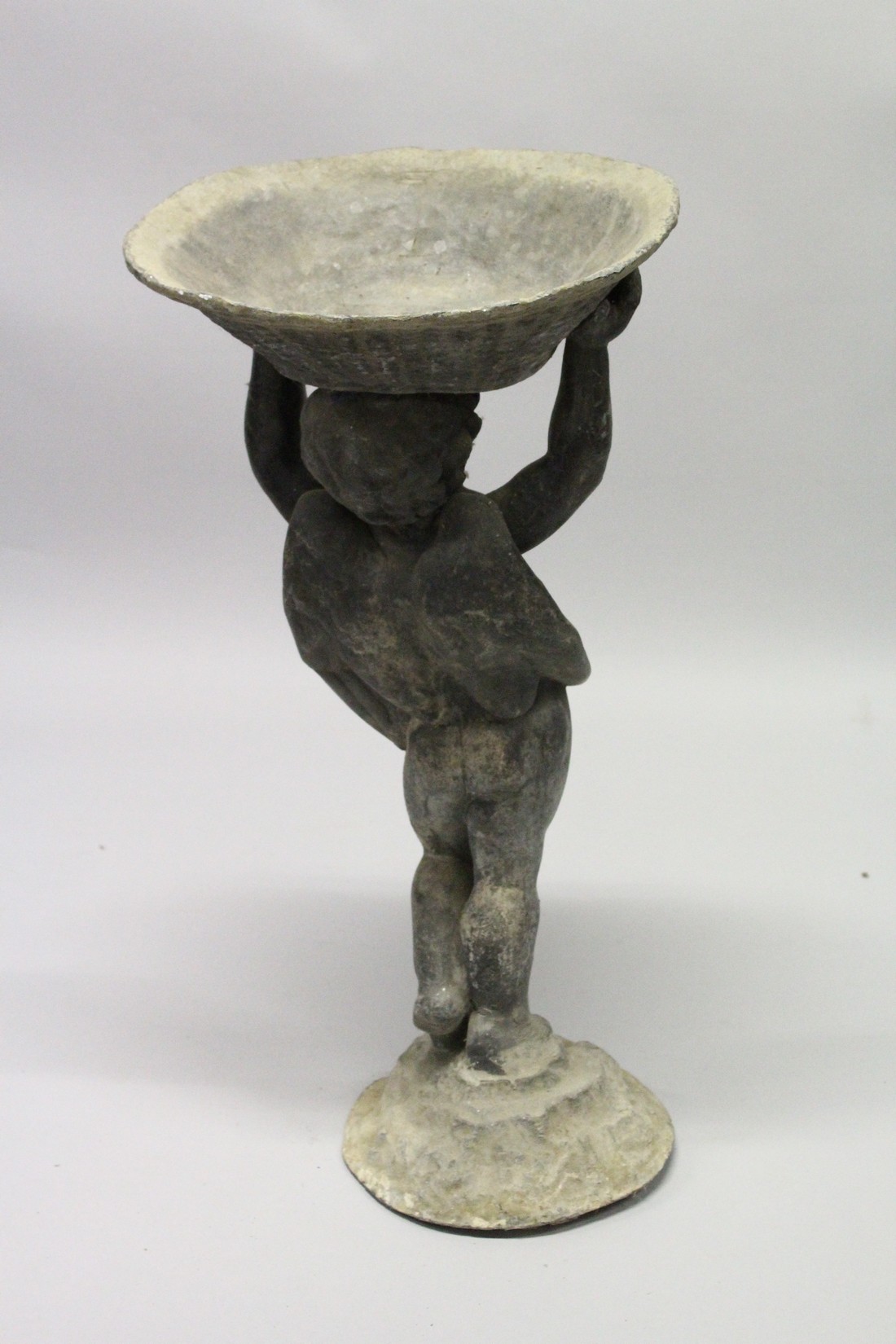 AN 18TH CENTURY LEAD BIRD BATH as a cupid holding a bowl. - Image 3 of 3