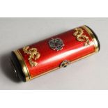 A SUPERB RUSSIAN RED ENAMEL AND SILVER DRUM SHAPED BOX AND COVER with silver scrolls and
