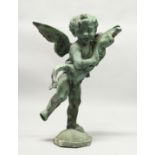 AN 18TH CENTURY LEAD FOUNTAIN as a winged cupid holding a fish, on an octagonal base. 2ft 5ins