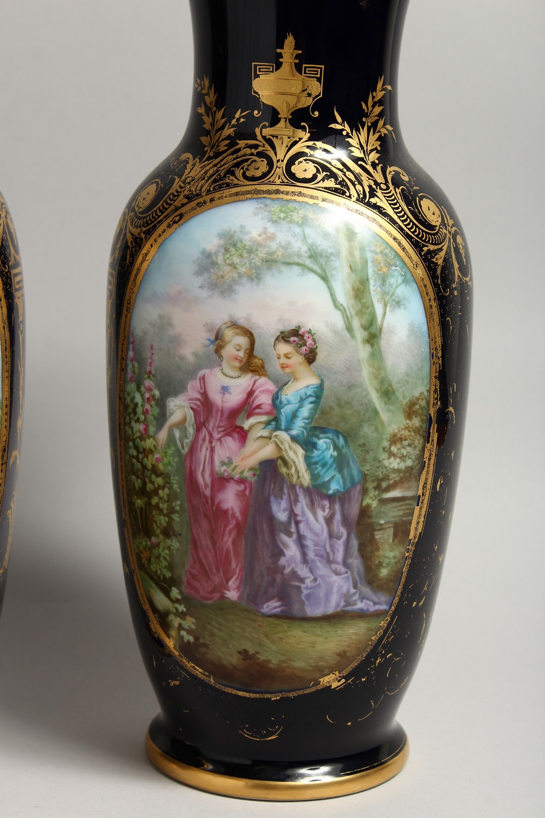 A SUPERB LARGE PAIR OF SEVRES PORCELAIN VASES rich deep blue, painted with a large panel of girls, - Image 3 of 7