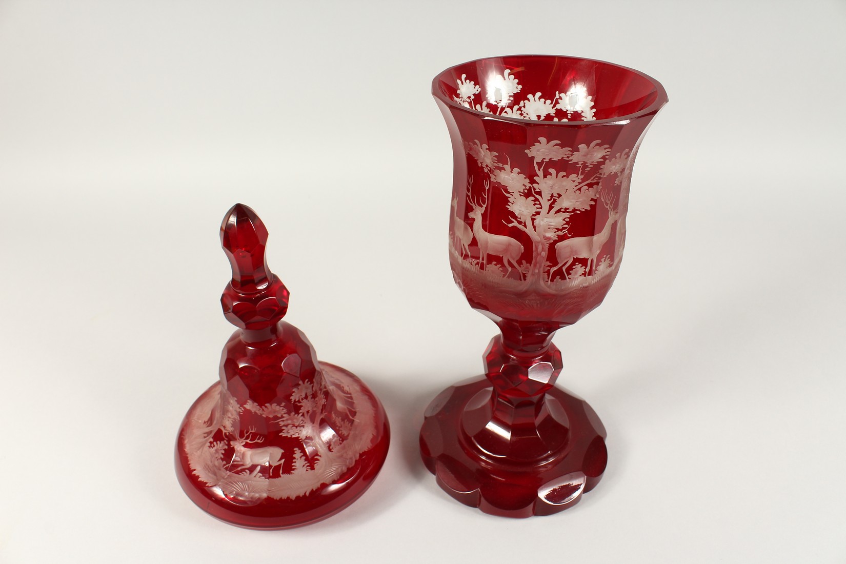 A SUPERB LARGE VICTORIAN BOHEMIAN RUBY GOBLET AND COVER etched with deer in a landscape. 20ins - Image 13 of 14